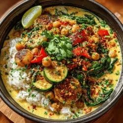 The heart of the Tropical Bliss Coconut Chickpea Curry lies in its rich and creamy texture, primarily achieved through the combination of coconut milk and chickpeas. Coconut milk not only adds a delightful creaminess but also infuses the dish with a subtle sweetness that enhances the overall flavor profile. Chickpeas, on the other hand, provide a hearty and satisfying component, ensuring that this dish is both nutritious and filling.